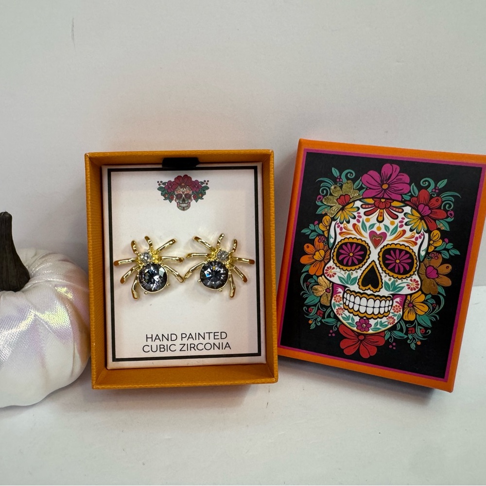 Hand Painted Spider Earrings with Cubic Zirconia